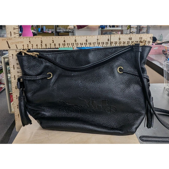Black Leather Coach Crossbody Bag With Tassel & Gold Hardware