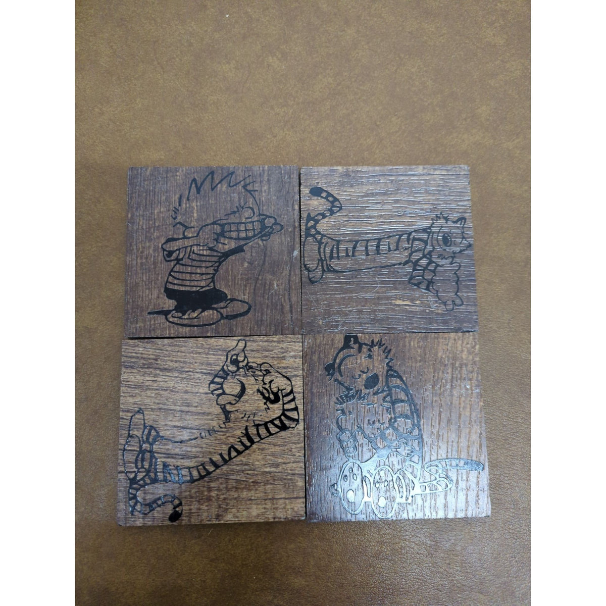 Calvin & Hobbes Wooden Coasters Set Of 4 Handcrafted Etched Design 4x4 Inches