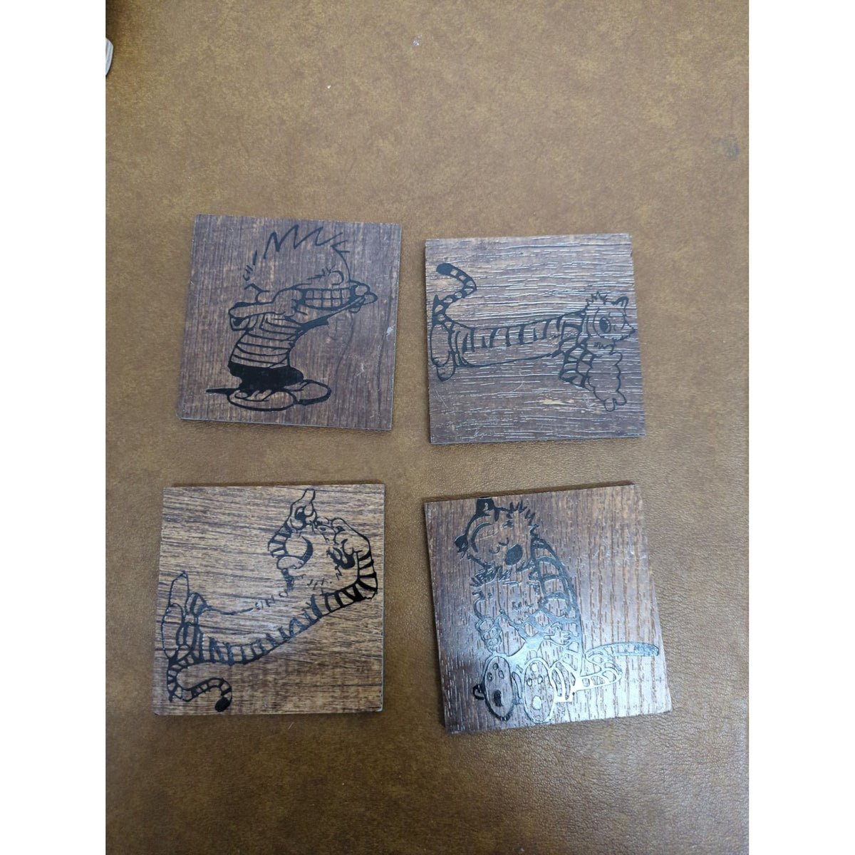 Calvin & Hobbes Wooden Coasters Set Of 4 Handcrafted Etched Design 4x4 Inches