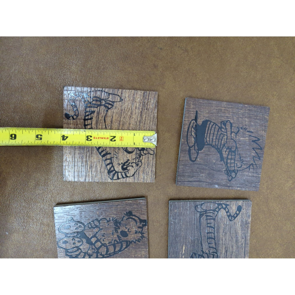 Calvin & Hobbes Wooden Coasters Set Of 4 Handcrafted Etched Design 4x4 Inches
