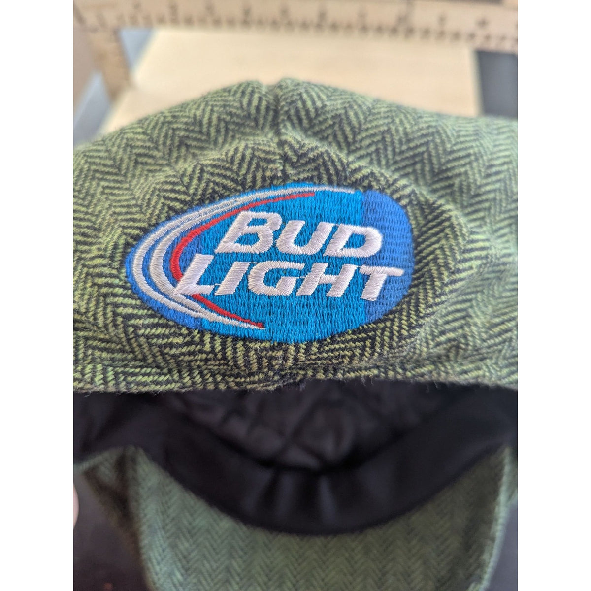Bud Light Green Herringbone Quilted Lined Flat Cap Hat