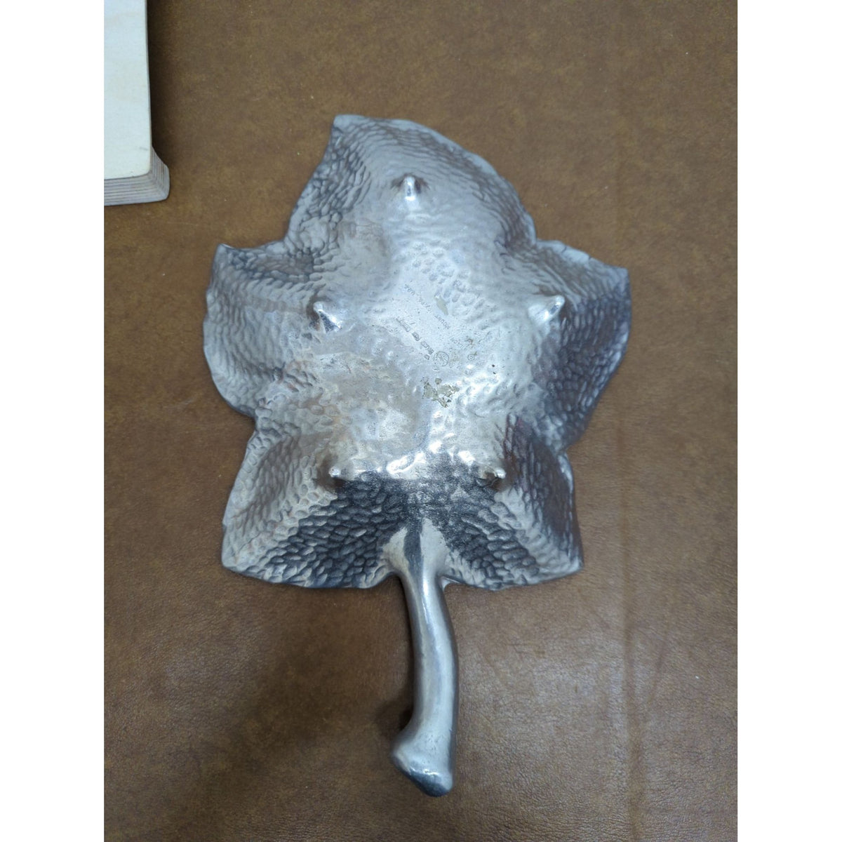 Leaf-Shaped Aluminum Decorative Tray Hammered Back 11" Length Elegant Silver Accent For Home Or Office