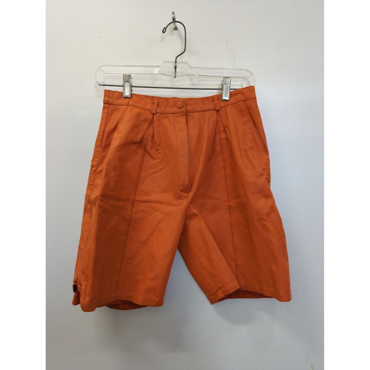 Vintage Orange Leather Shorts With Pleats & Side Tabs 18" Length