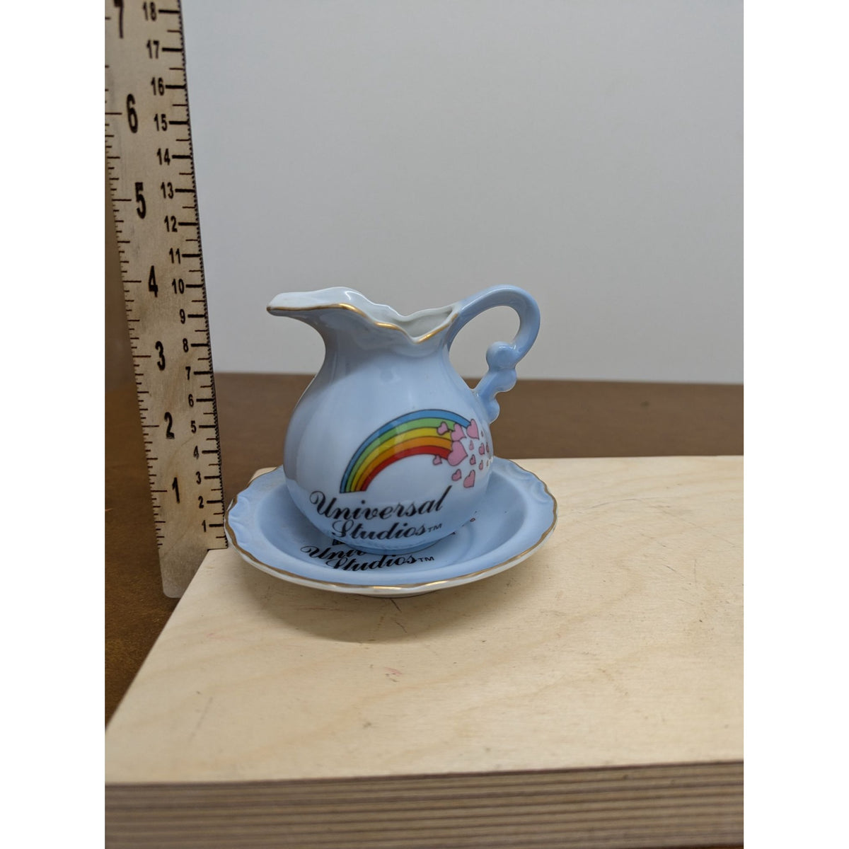 Vintage Universal Studios Rainbow Ceramic Pitcher & Plate Set Blue Collectible