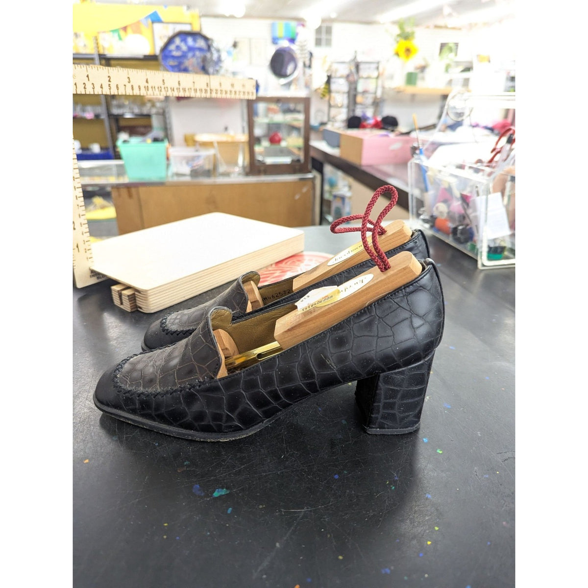 Stuart Weitzman Crocodile Embossed Leather Block Heel Loafers