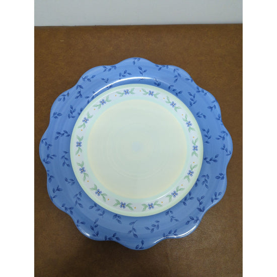 Pfaltzgraff Set Of 2 Blue Scalloped Plates With Floral Pattern 12" & 10" Diameter Ceramic Dinnerware
