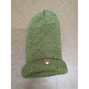 Knit Olive Green Beanie With Folded Cuff & Leather Accent Patch