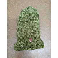 Knit Olive Green Beanie With Folded Cuff & Leather Accent Patch