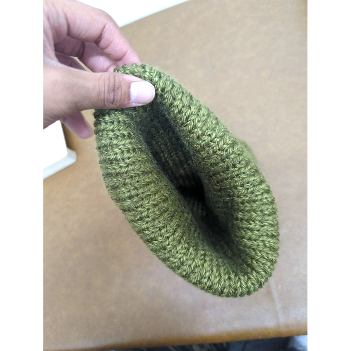 Knit Olive Green Beanie With Folded Cuff & Leather Accent Patch