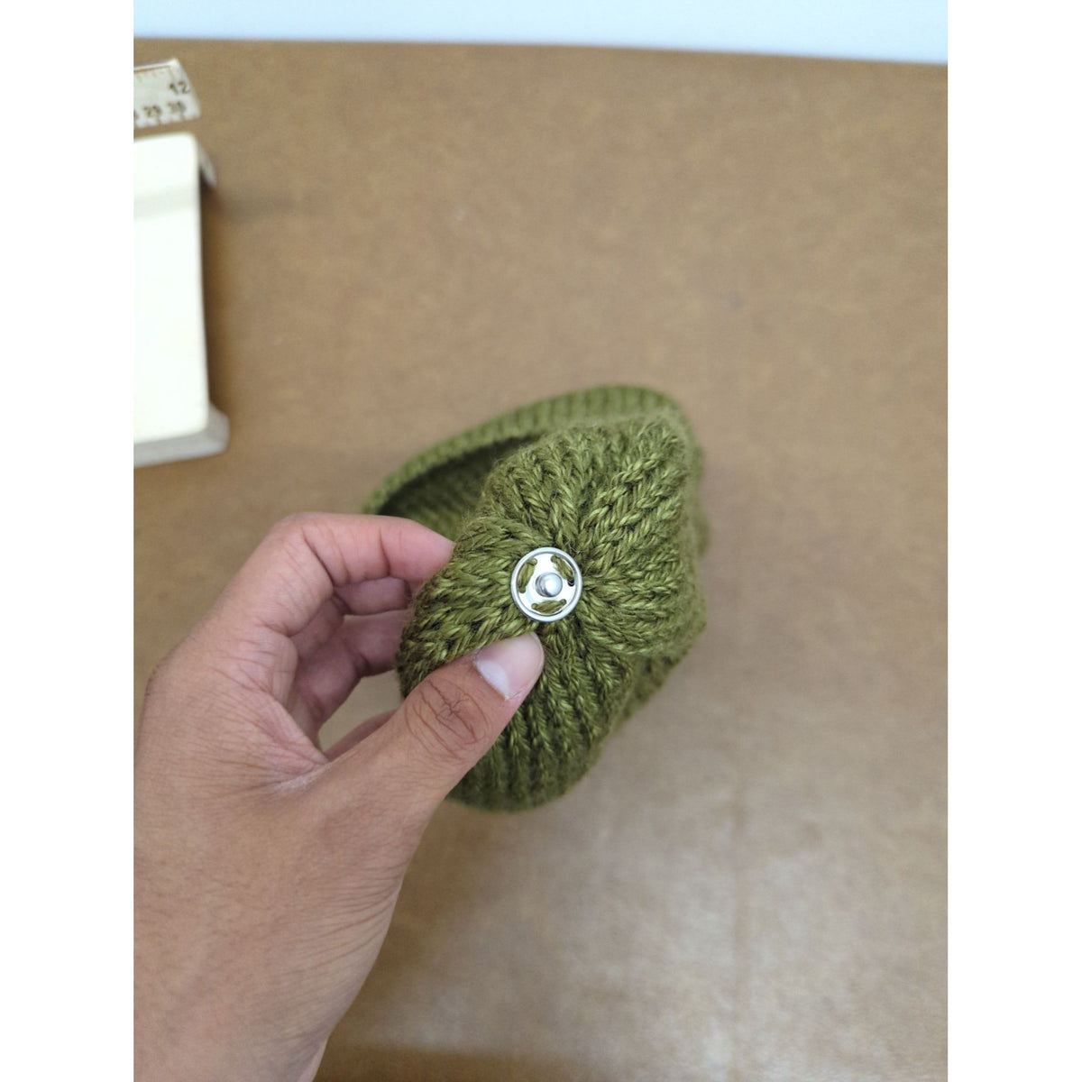 Knit Olive Green Beanie With Folded Cuff & Leather Accent Patch