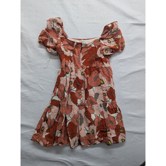 Loft Floral Puff-Sleeve Mini Dress Rust & Pink Poppy Print Smocked Bodice Womens