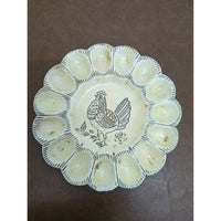 Vintage Ceramic Egg Plate With Rooster Design - 11 Egg Slots - Made In USA - Rustic Beige Dish 10.5 Inches