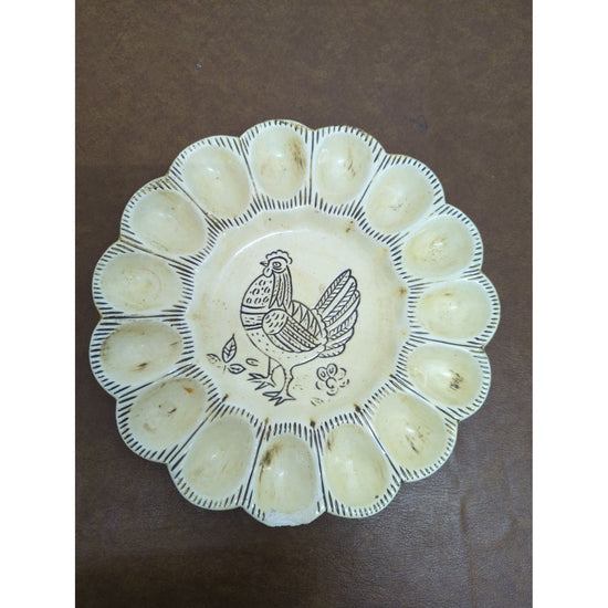 Vintage Ceramic Egg Plate With Rooster Design - 11 Egg Slots - Made In USA - Rustic Beige Dish 10.5 Inches