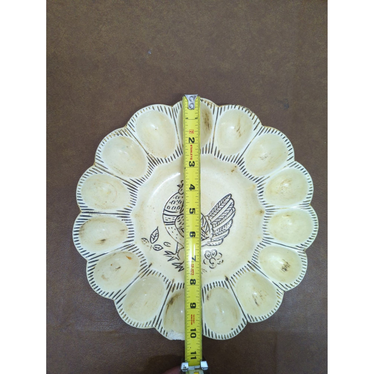 Vintage Ceramic Egg Plate With Rooster Design - 11 Egg Slots - Made In USA - Rustic Beige Dish 10.5 Inches