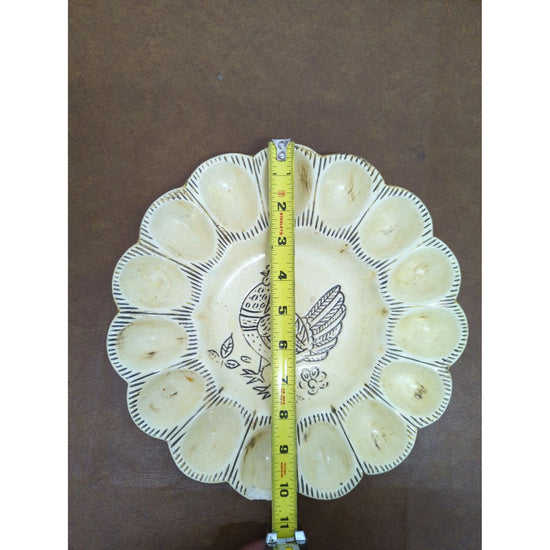 Vintage Ceramic Egg Plate With Rooster Design - 11 Egg Slots - Made In USA - Rustic Beige Dish 10.5 Inches