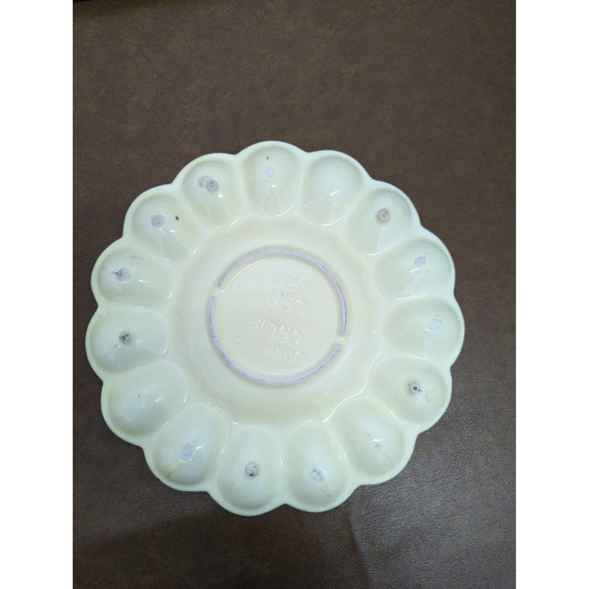 Vintage Ceramic Egg Plate With Rooster Design - 11 Egg Slots - Made In USA - Rustic Beige Dish 10.5 Inches