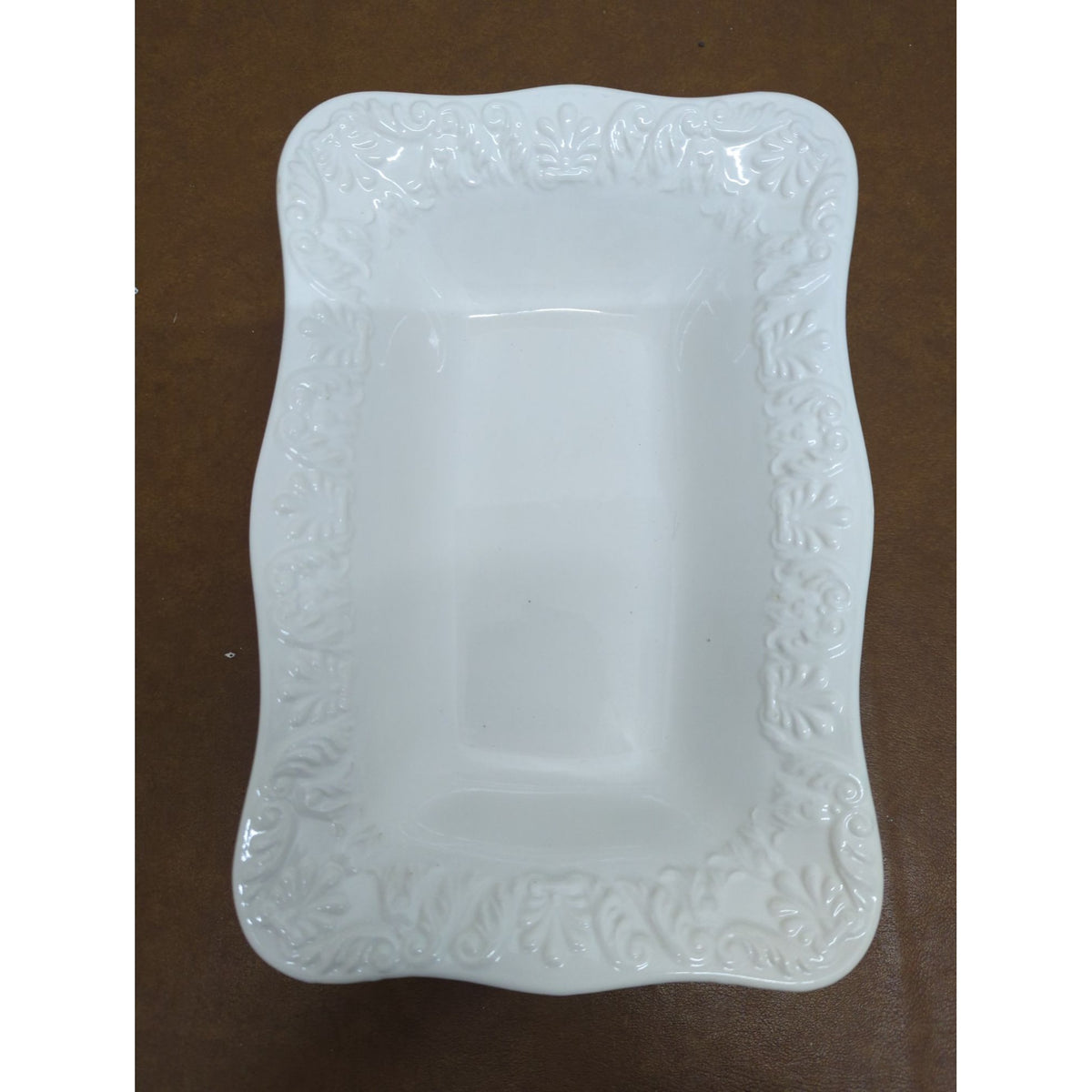 White Rectangular Ceramic Serving Dish With Embossed Floral Design By Bizzirri Made In Italy 10.5" x 6.5"