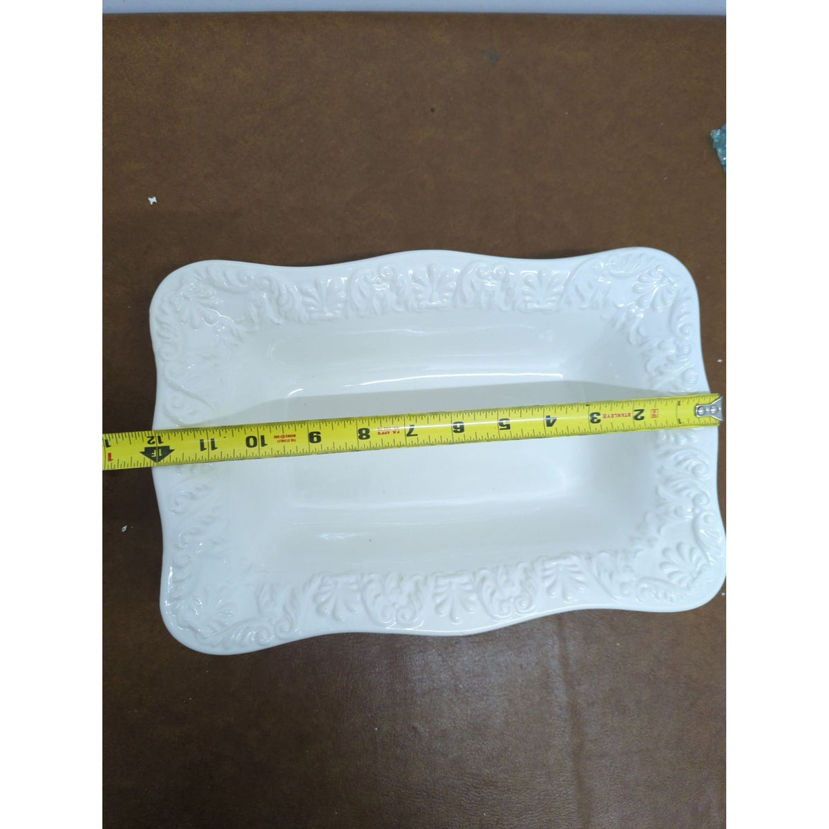 White Rectangular Ceramic Serving Dish With Embossed Floral Design By Bizzirri Made In Italy 10.5" x 6.5"
