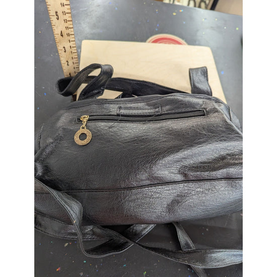 Vintage Black Leather Multipocket Shoulder Handbag With Distressed Patina