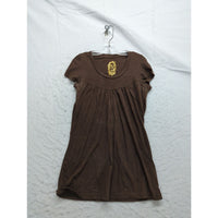 Brown Short Sleeve Tunic Dress With Gold Floral Embroidery Cotton Blend Womens S