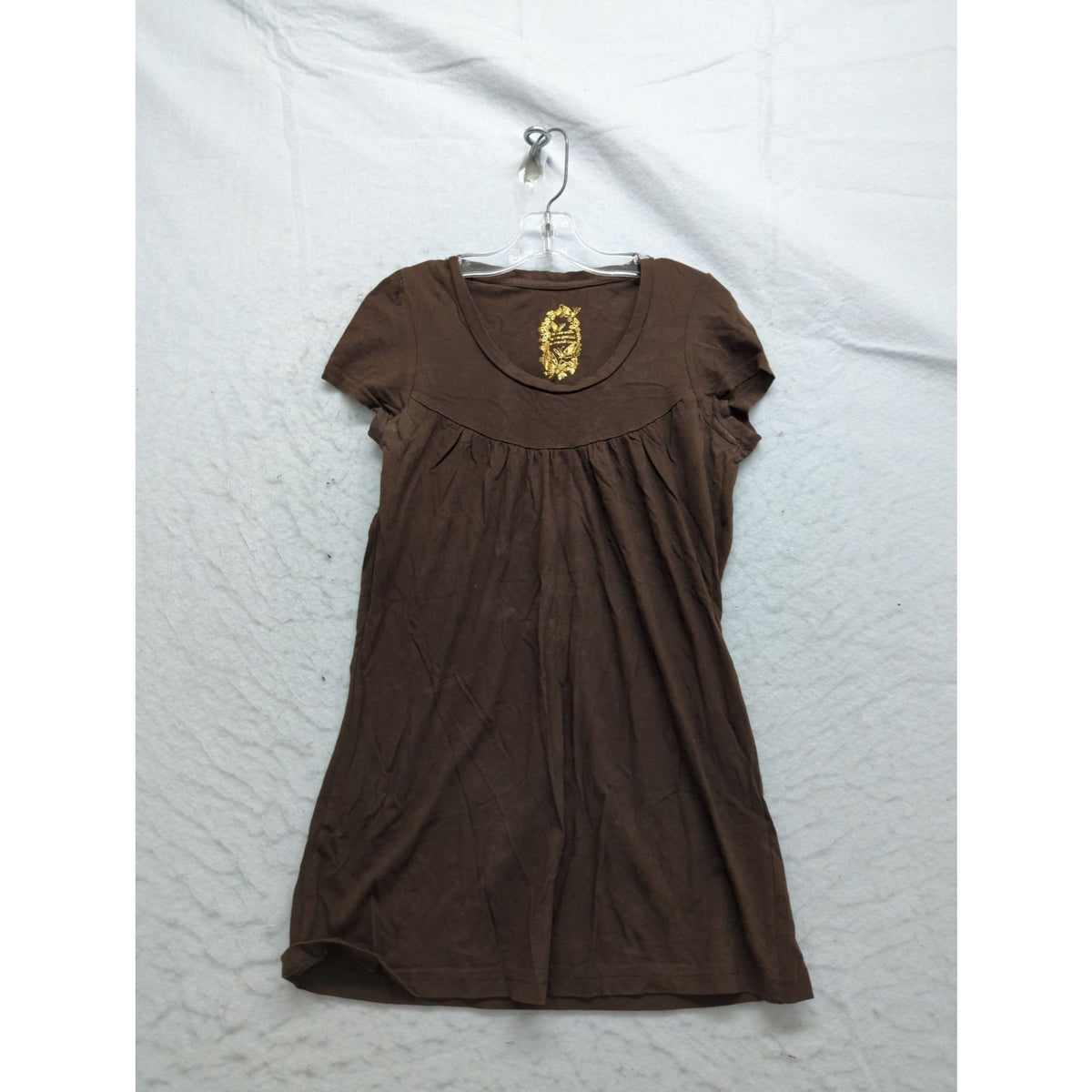 Brown Short Sleeve Tunic Dress With Gold Floral Embroidery Cotton Blend Womens S