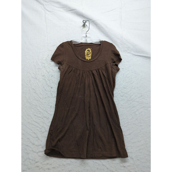 Brown Short Sleeve Tunic Dress With Gold Floral Embroidery Cotton Blend Womens S