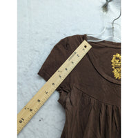 Brown Short Sleeve Tunic Dress With Gold Floral Embroidery Cotton Blend Womens S