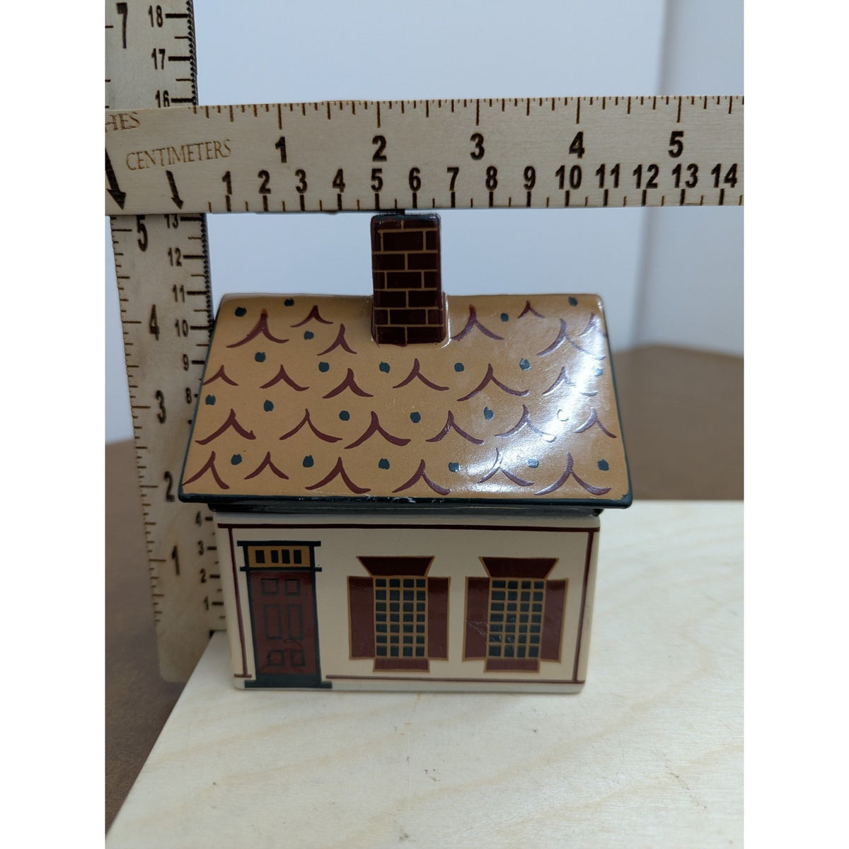 Ceramic Colonial-Style House Figurine With Painted Details & Chimney