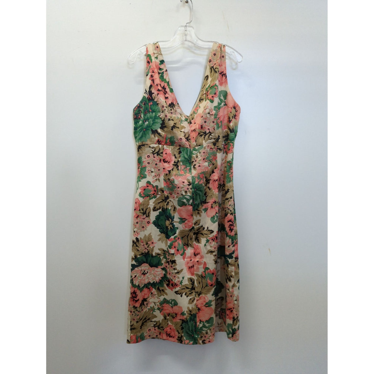 Donna Ricco Floral Sleeveless V-Neck Dress Size 10 Beige Pink Green Knee Length