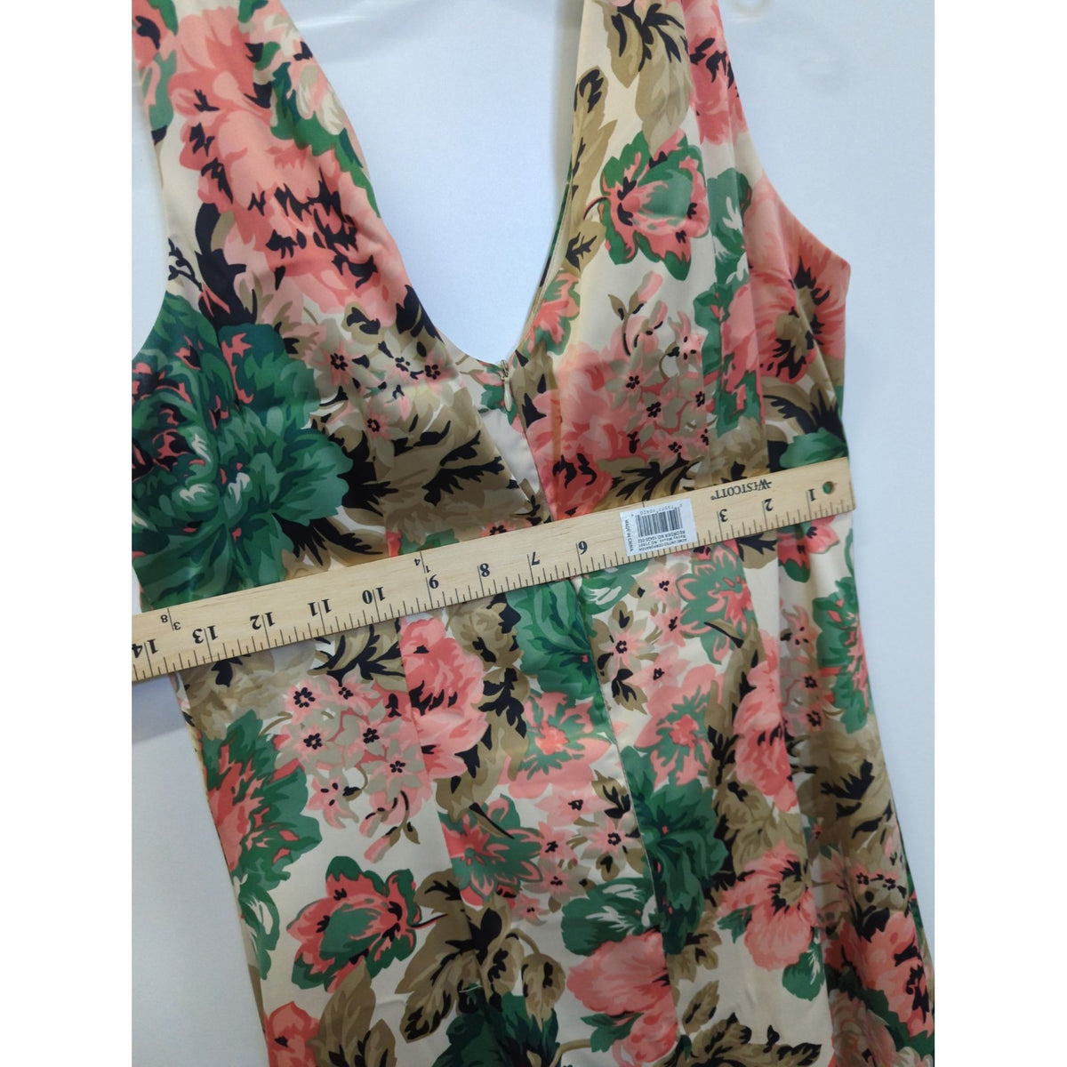 Donna Ricco Floral Sleeveless V-Neck Dress Size 10 Beige Pink Green Knee Length