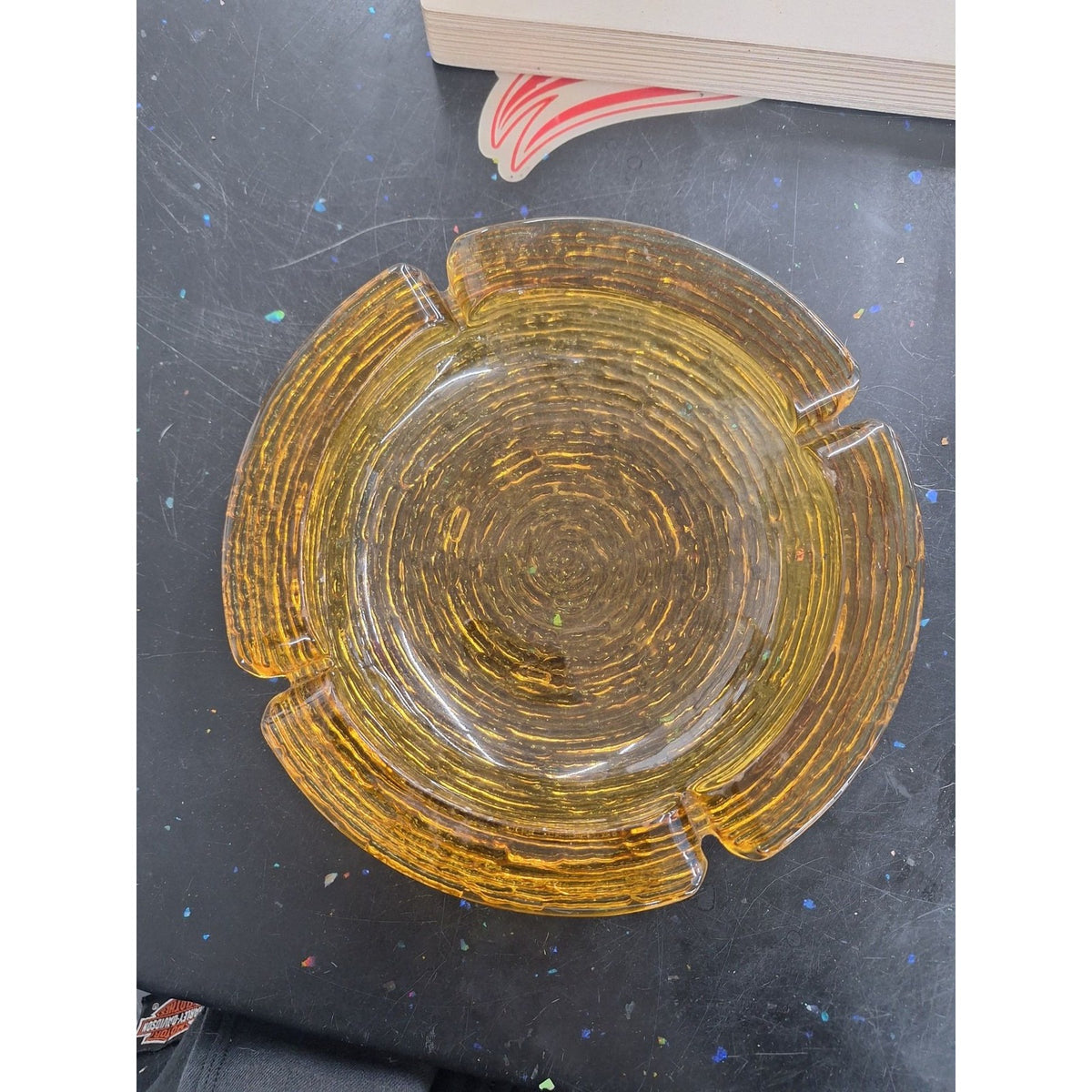 Vintage Amber Glass Ashtray With Ribbed Textured Design