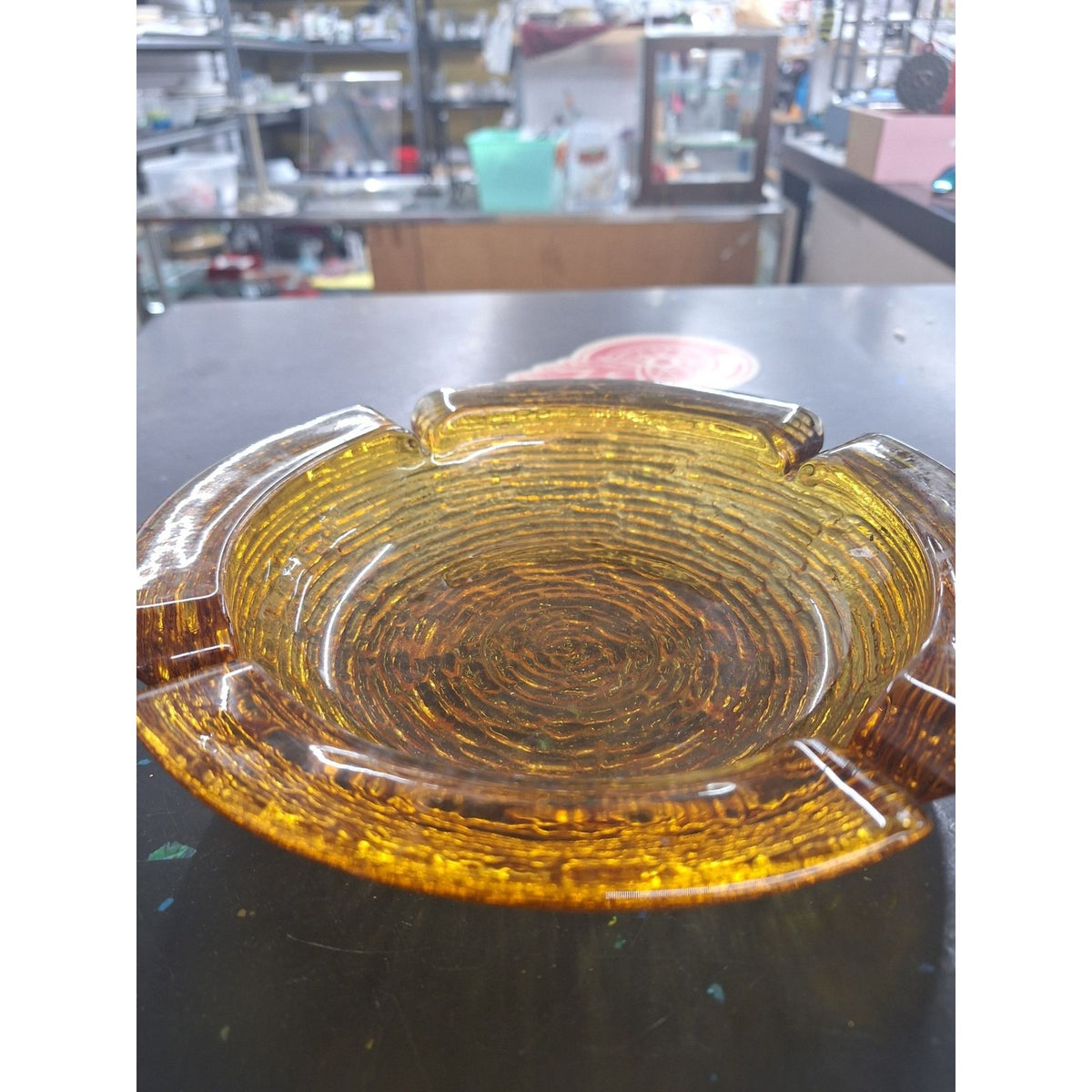 Vintage Amber Glass Ashtray With Ribbed Textured Design