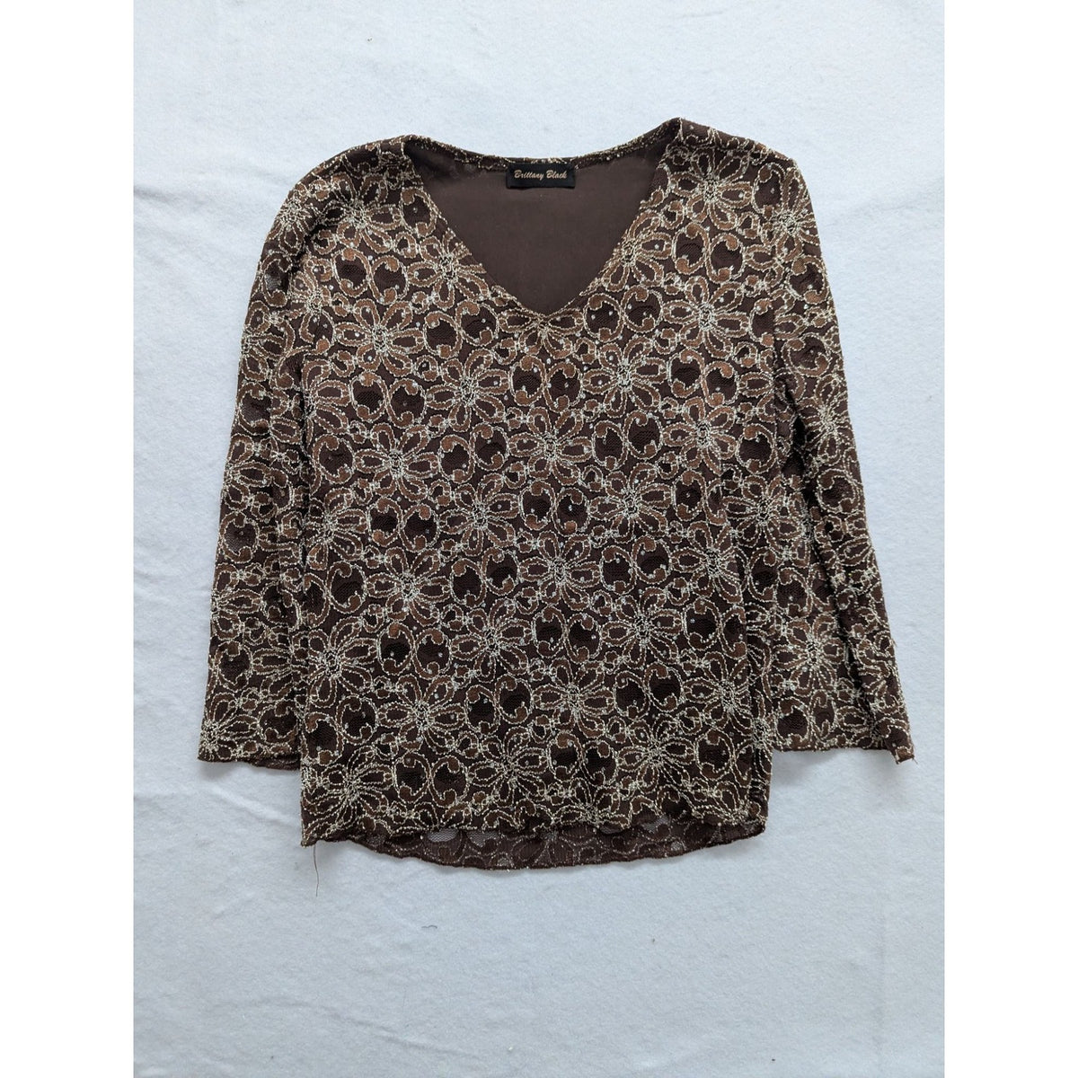 Brittany Black Brown Lace Pattern V-Neck Long Sleeve Top Size M