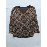 Brittany Black Brown Lace Pattern V-Neck Long Sleeve Top Size M