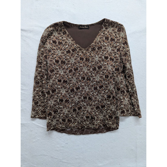 Brittany Black Brown Lace Pattern V-Neck Long Sleeve Top Size M