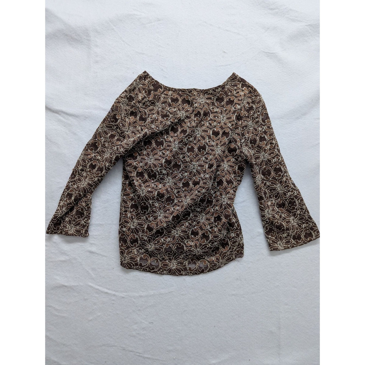Brittany Black Brown Lace Pattern V-Neck Long Sleeve Top Size M