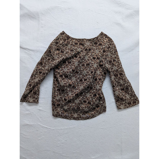 Brittany Black Brown Lace Pattern V-Neck Long Sleeve Top Size M