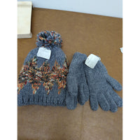 Knit Beanie & Gloves Set With Multicolor Pattern Accents Gray World Market New
