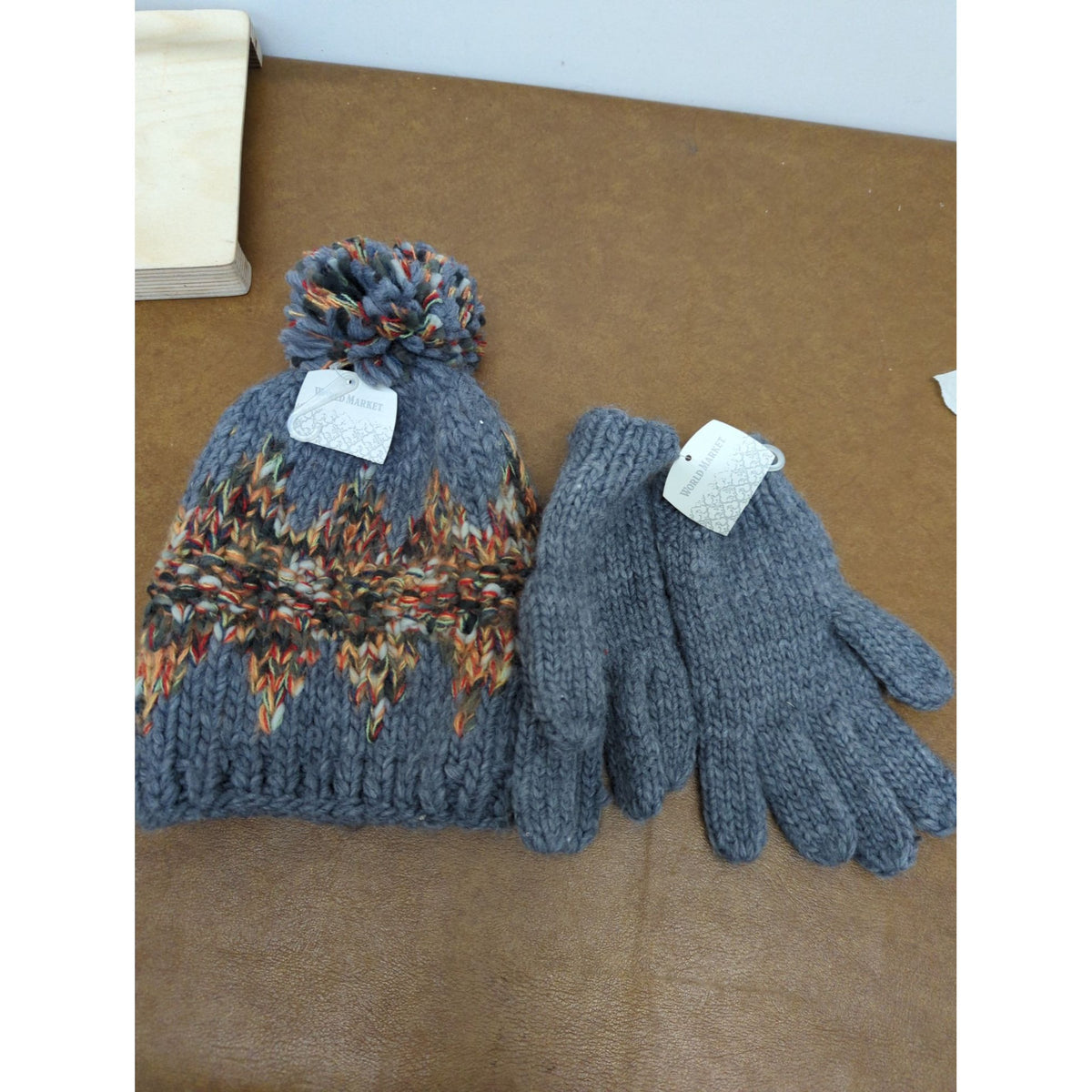 Knit Beanie & Gloves Set With Multicolor Pattern Accents Gray World Market New