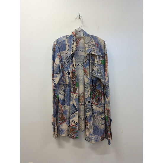 Youngbloods Vintage Button-Up Shirt Newspaper Print Long Sleeve Multicolor Made In USA