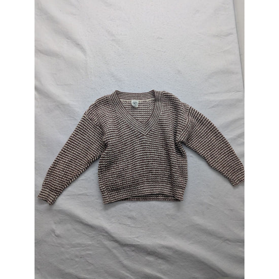 Modern Essentials Knit V-Neck Striped Sweater Brown & White Pullover Long Sleeve
