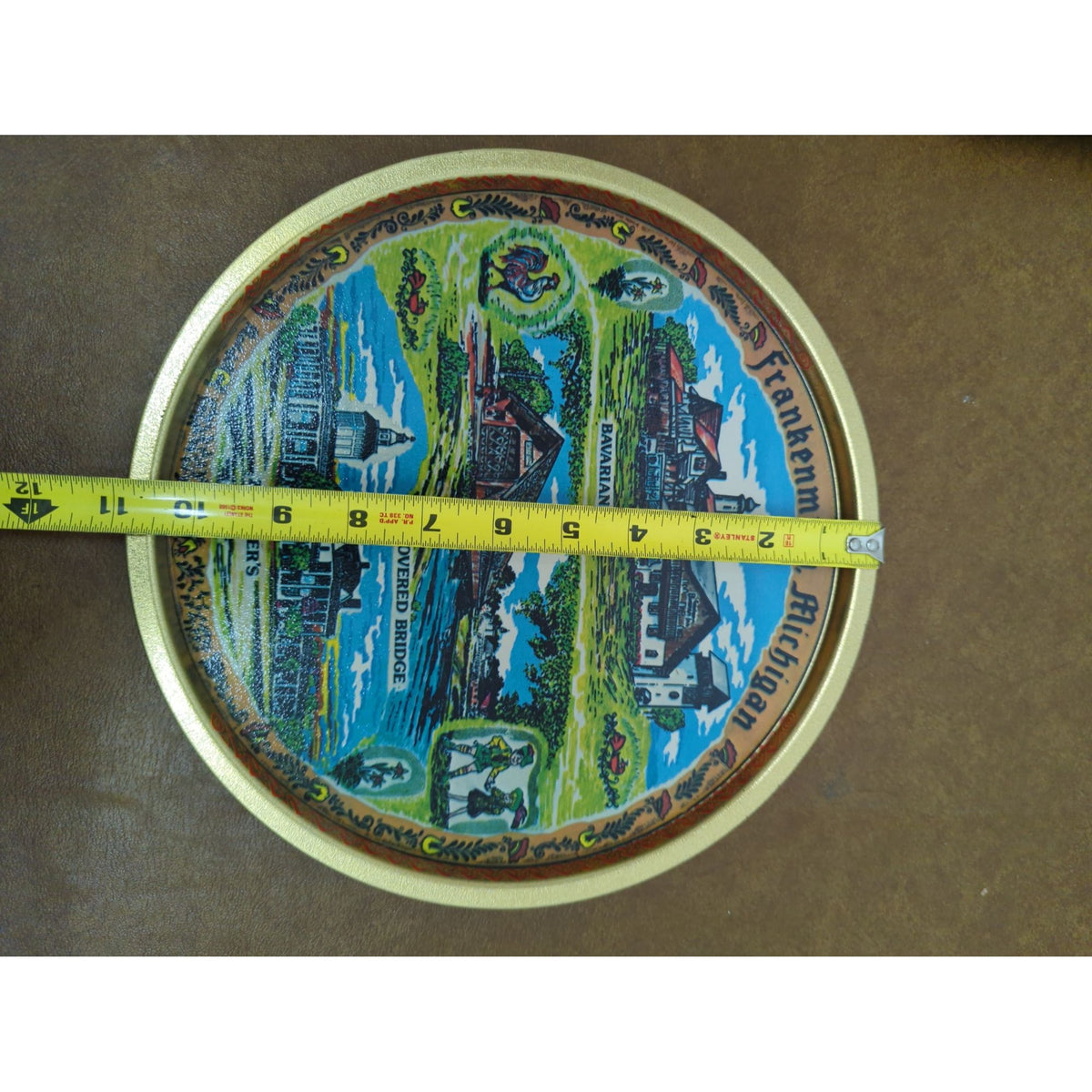 Frankenmuth Michigan Souvenir Tin With Bavarian Inn & Covered Bridge Design 9 Inches Round