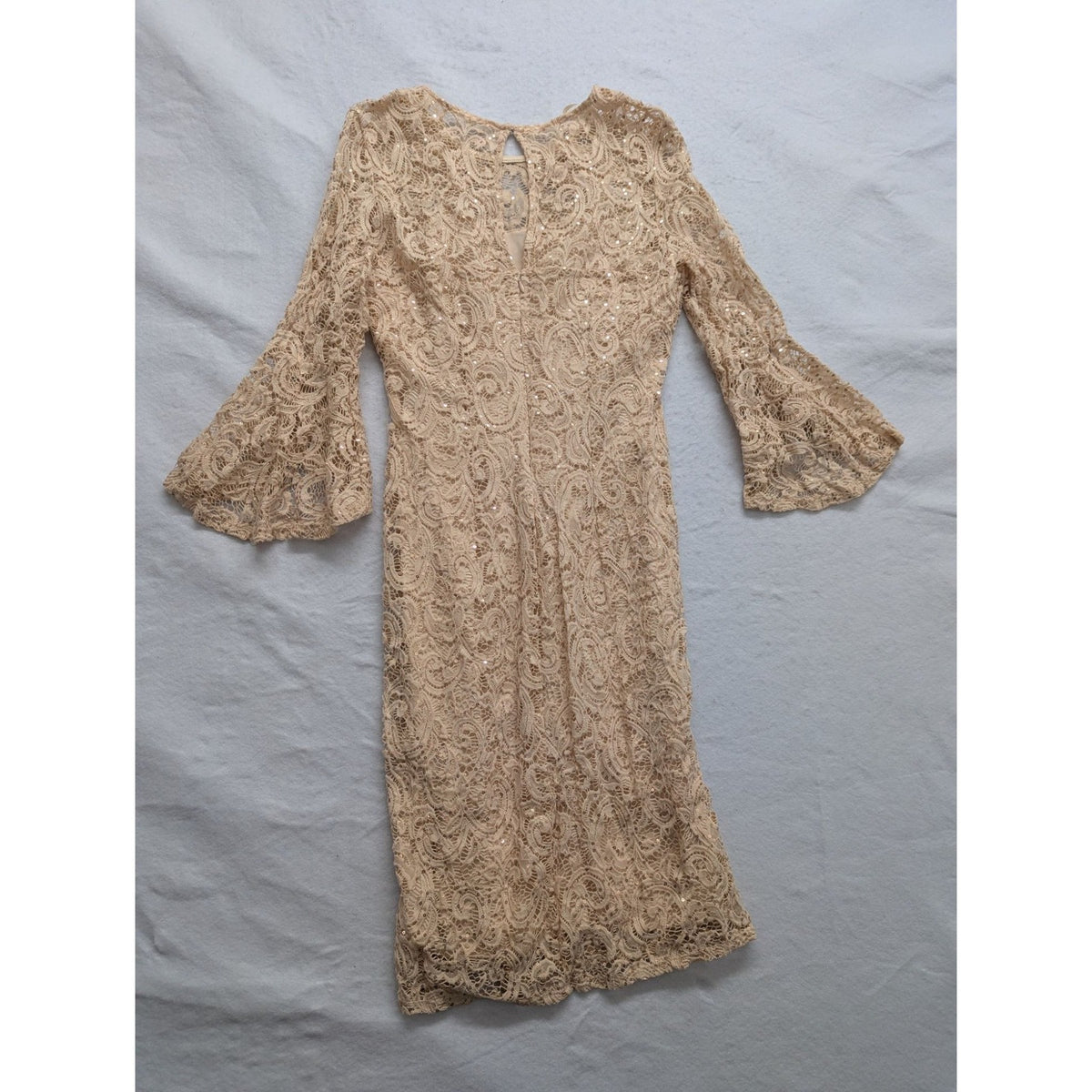 Beige Lace Sequin Bell Sleeve Cocktail Dress Knee Length Womens Size S