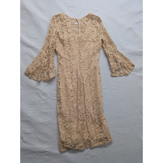 Beige Lace Sequin Bell Sleeve Cocktail Dress Knee Length Womens Size S