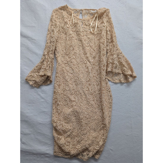 Beige Lace Sequin Bell Sleeve Cocktail Dress Knee Length Womens Size S
