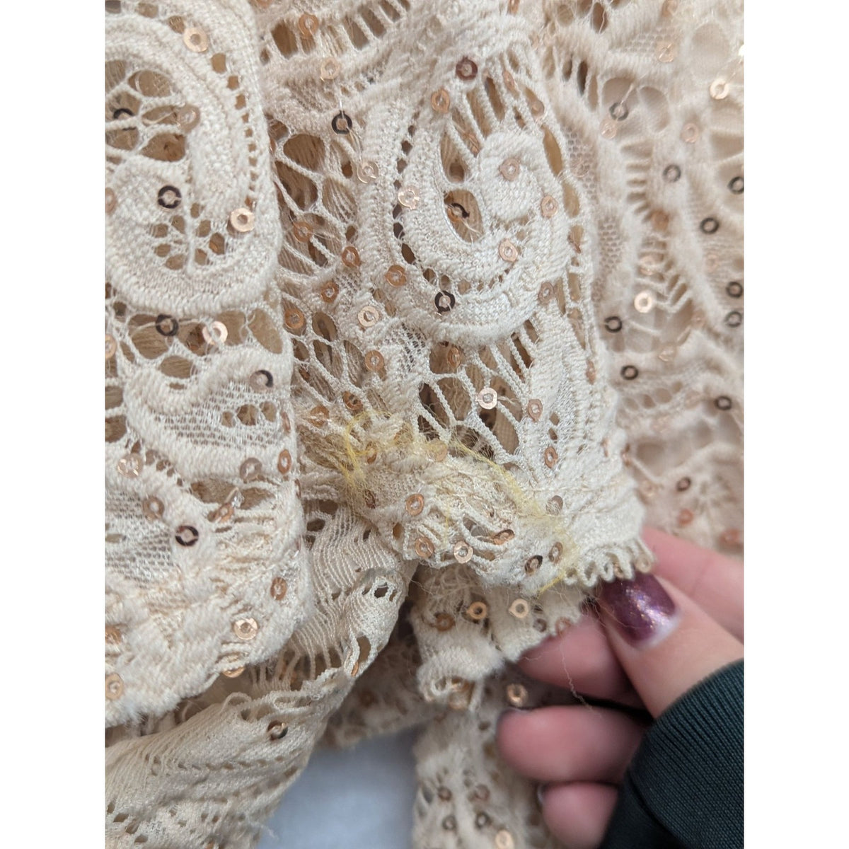 Beige Lace Sequin Bell Sleeve Cocktail Dress Knee Length Womens Size S