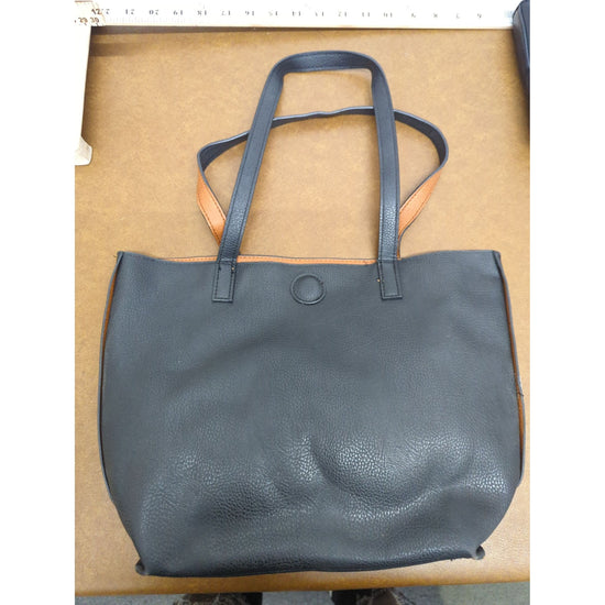 Black & Tan Pebbled Faux Leather Tote Bag With Structured Handles & Open Top Design