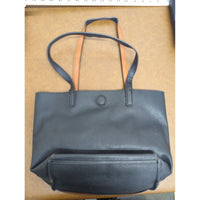 Black & Tan Pebbled Faux Leather Tote Bag With Structured Handles & Open Top Design