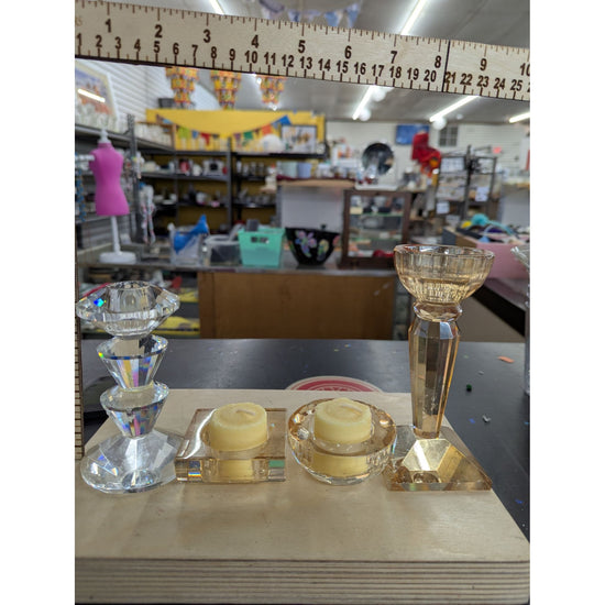 Set Of 4 Crystal & Amber Glass Candle Holders Elegant Taper And Tealight Design Vintage Home Decor