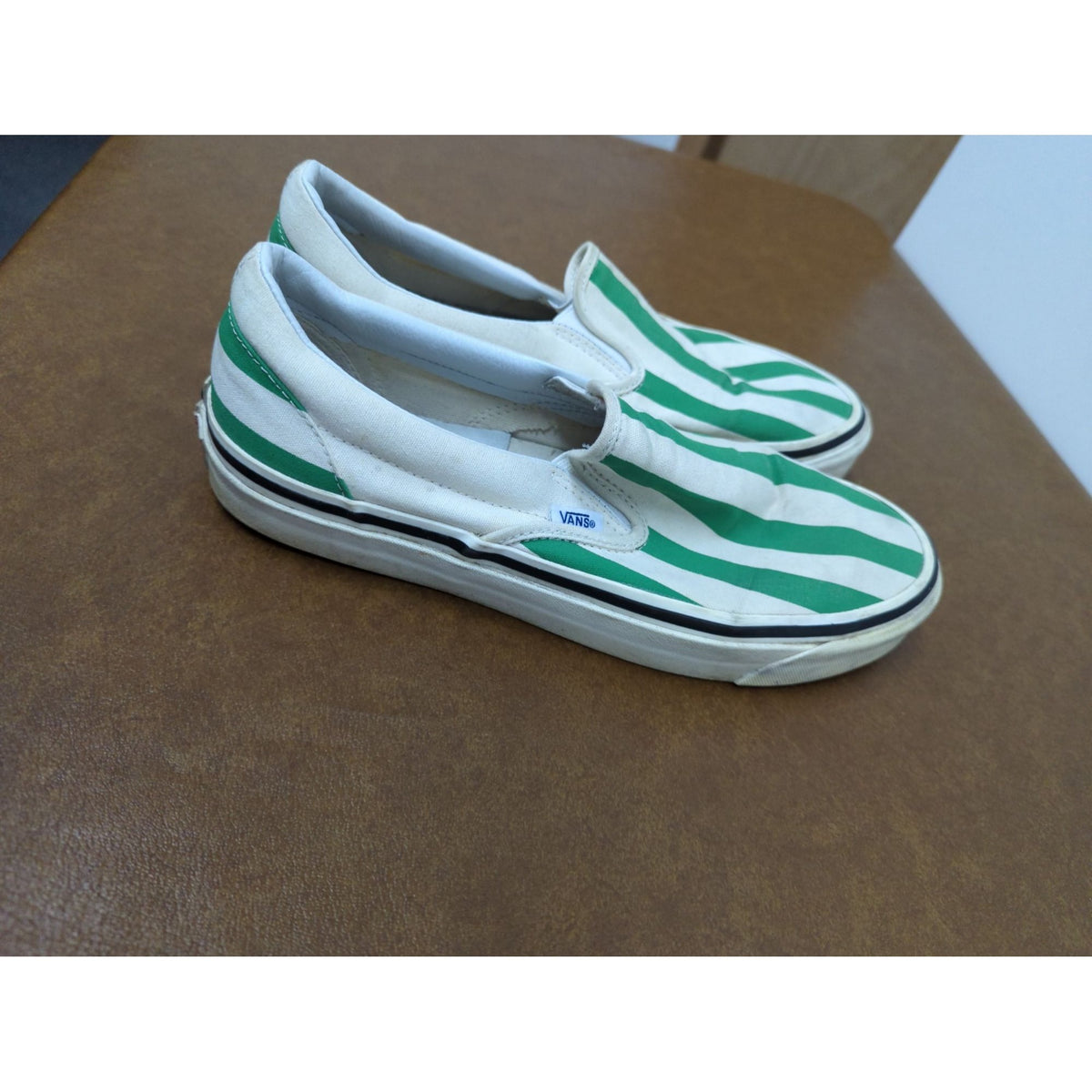 Vans Green & White Striped Slip-On Style 98 Shoes Unisex Canvas Pre-Owned